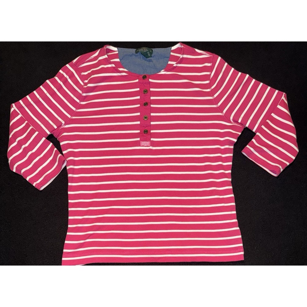 Ralph Lauren Pink White Striped V Neck Ribbed 1/4 Button Women's Size XL